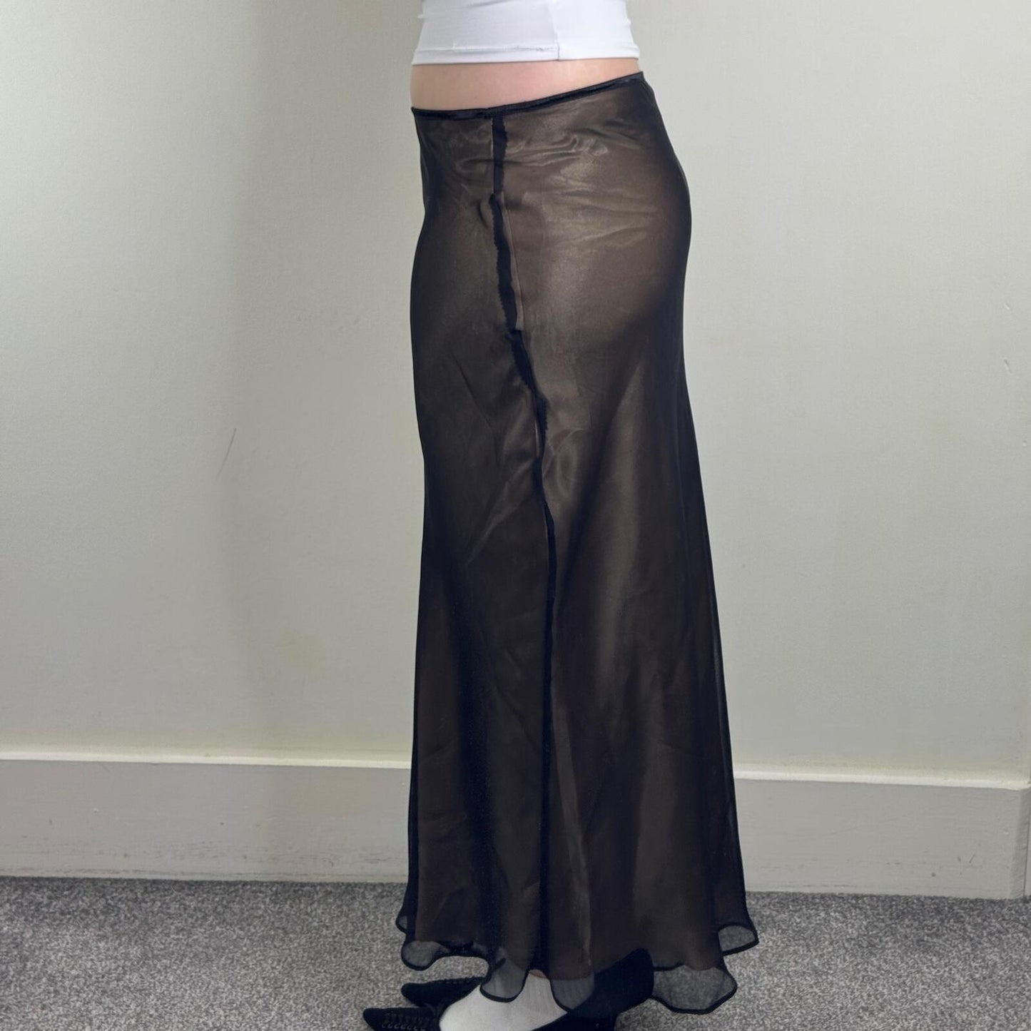Y2K vintage maxi skirt double layer black gold shimmer stretchy waistband party