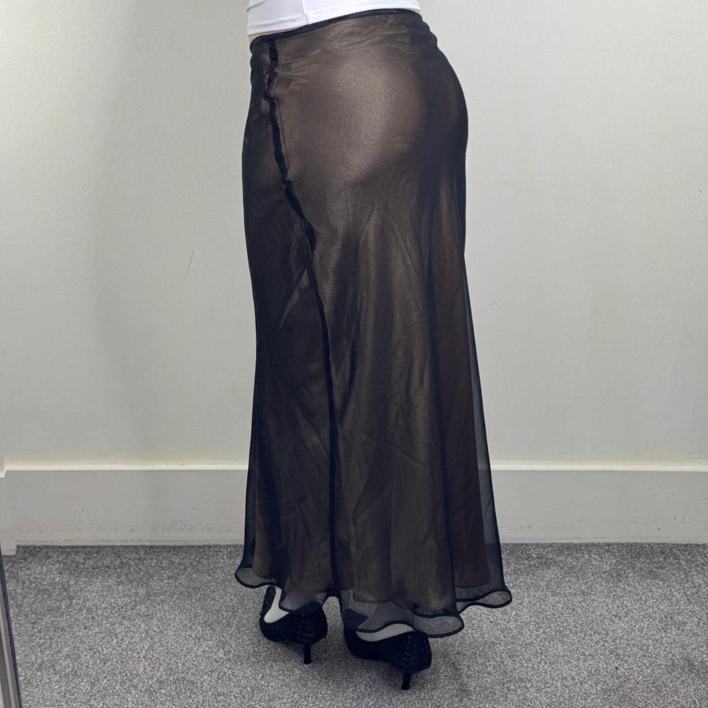 Y2K vintage maxi skirt double layer black gold shimmer stretchy waistband party