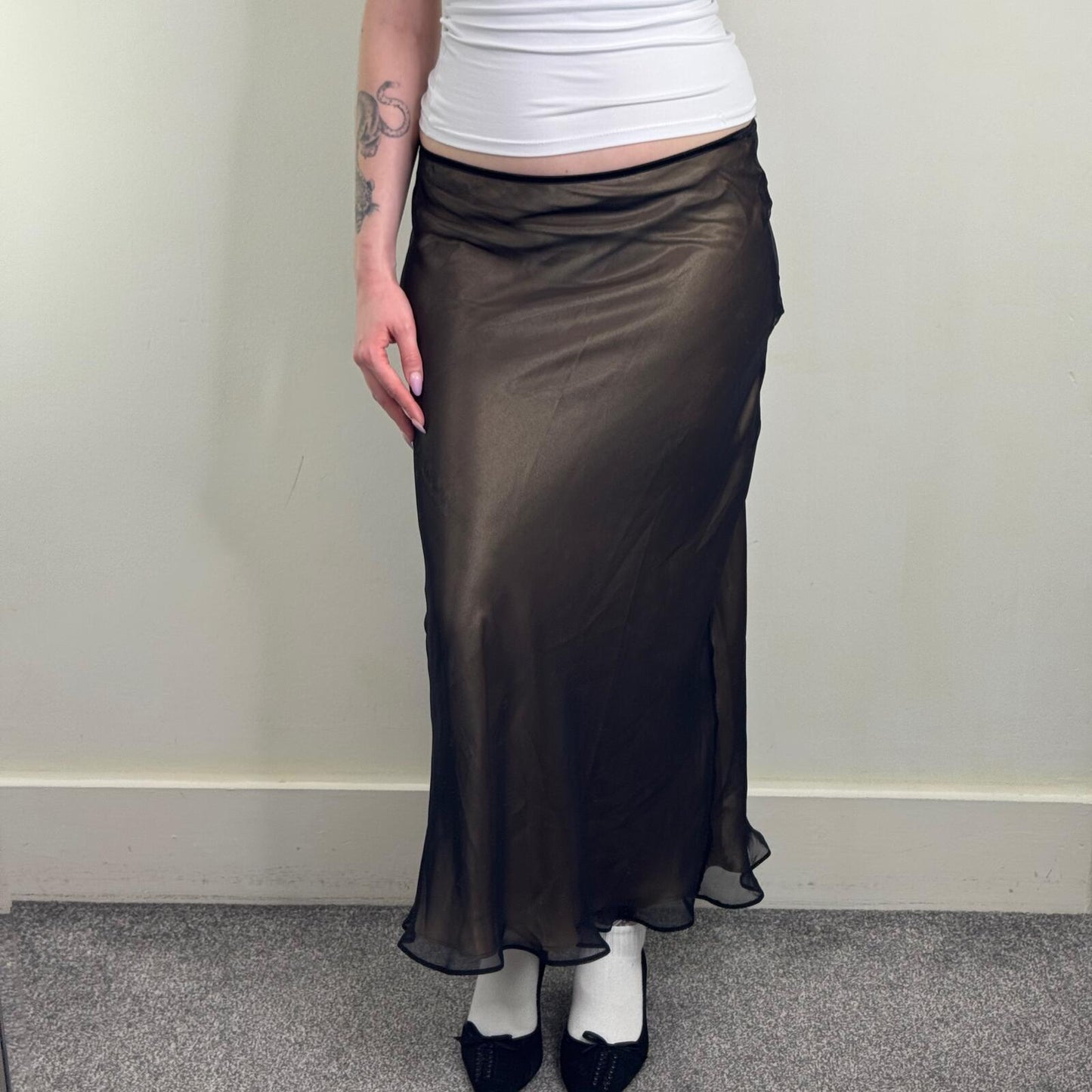 Y2K vintage maxi skirt double layer black gold shimmer stretchy waistband party
