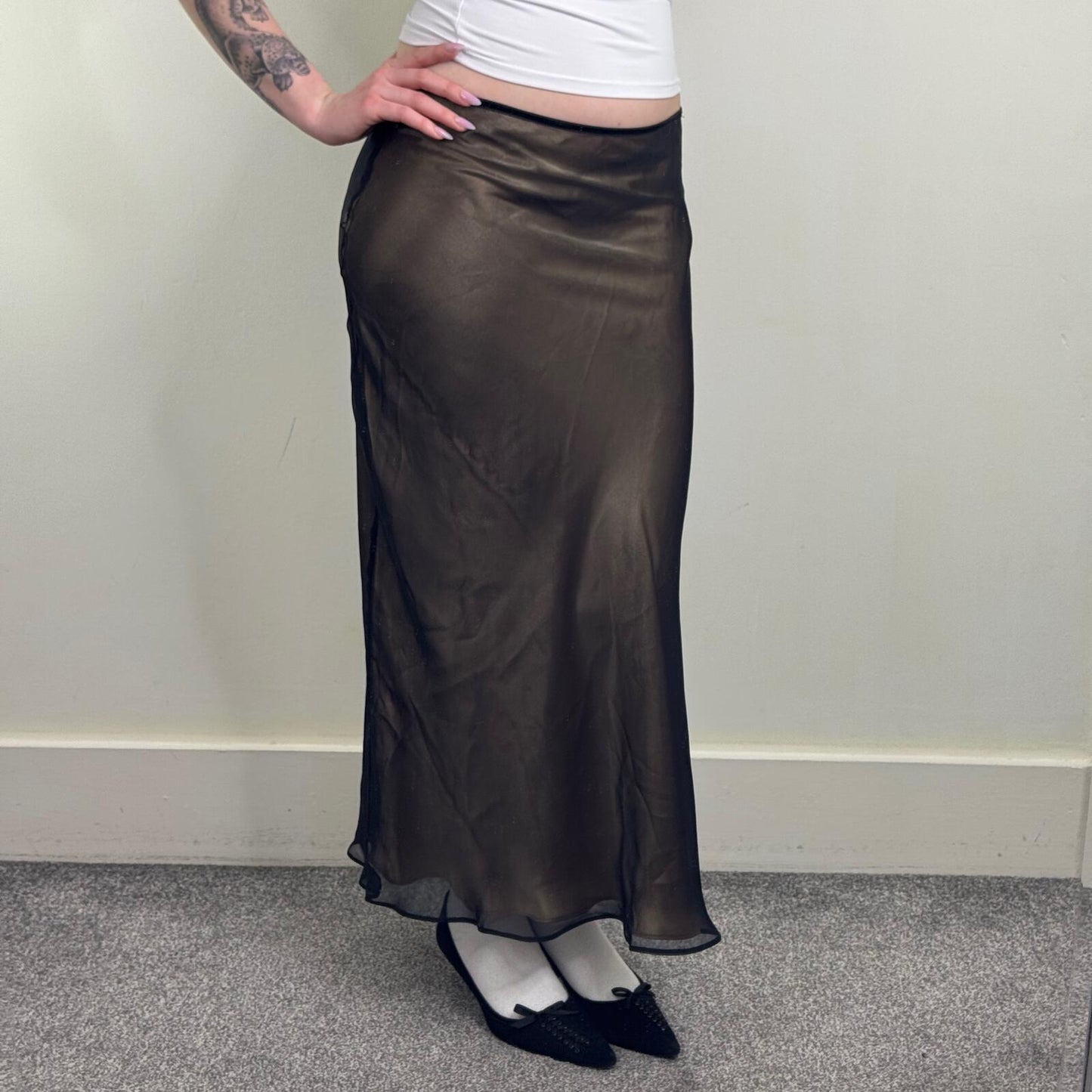 Y2K vintage maxi skirt double layer black gold shimmer stretchy waistband party