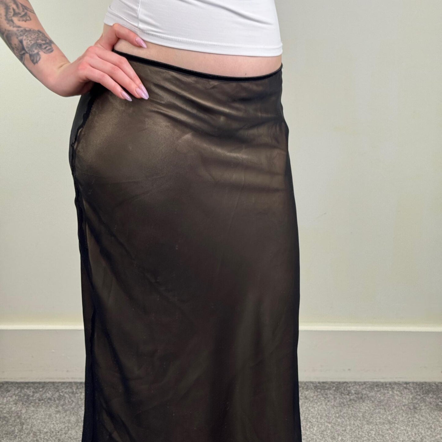 Y2K vintage maxi skirt double layer black gold shimmer stretchy waistband party