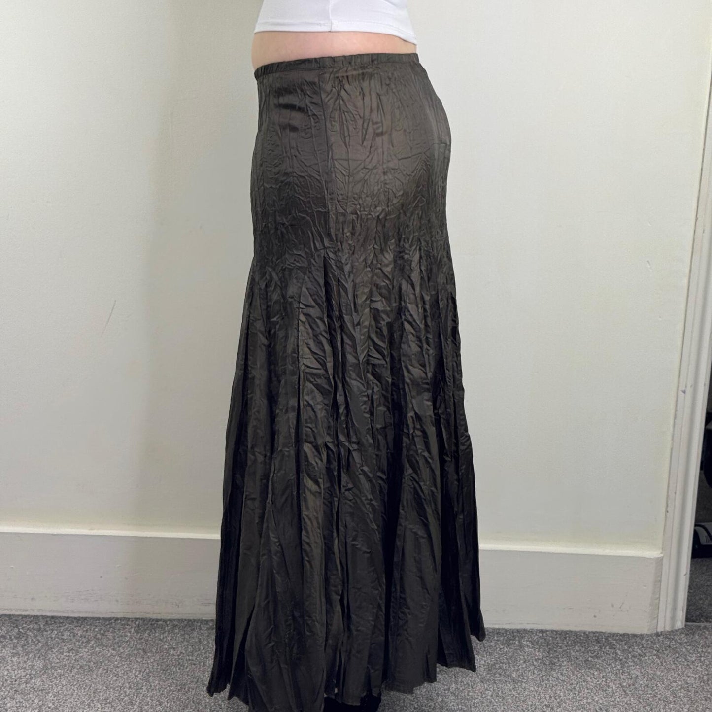 Y2K vintage Next maxi skirt crinkle a line pleated full long length khaki green