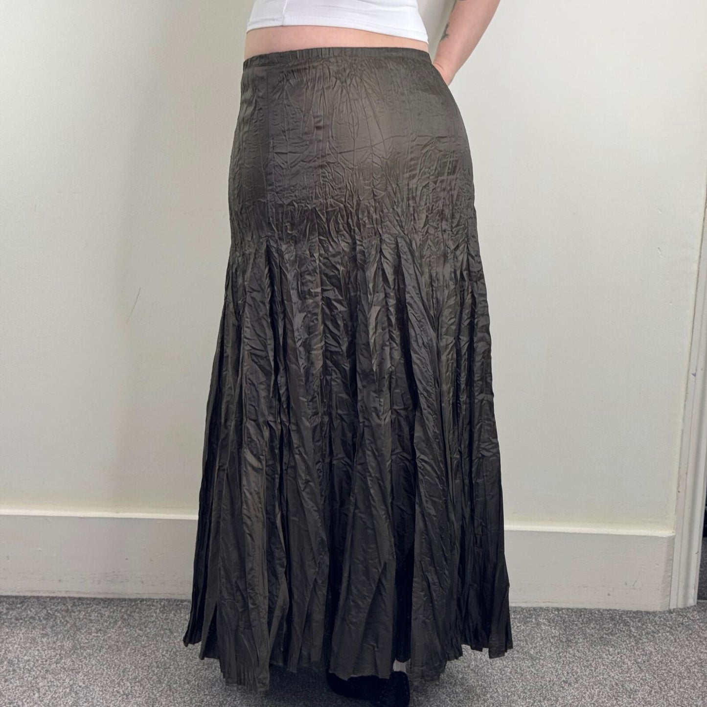 Y2K vintage Next maxi skirt crinkle a line pleated full long length khaki green