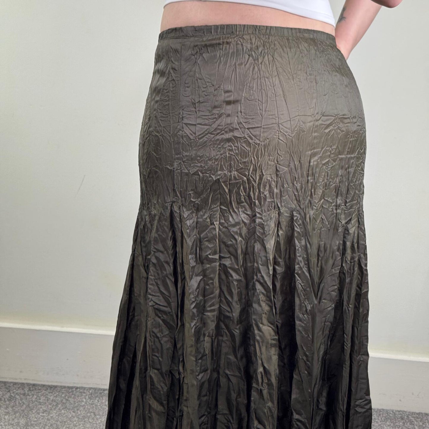 Y2K vintage Next maxi skirt crinkle a line pleated full long length khaki green
