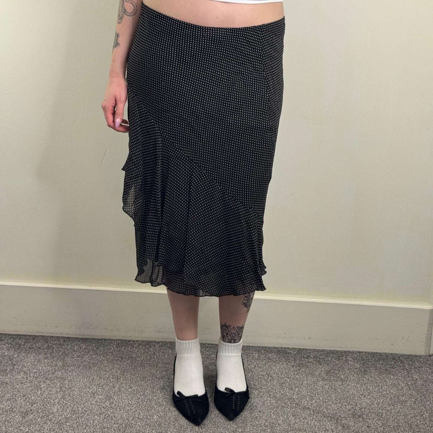 Y2K vintage midi skirt polka dot ruffle overlay floaty flowy summer black white