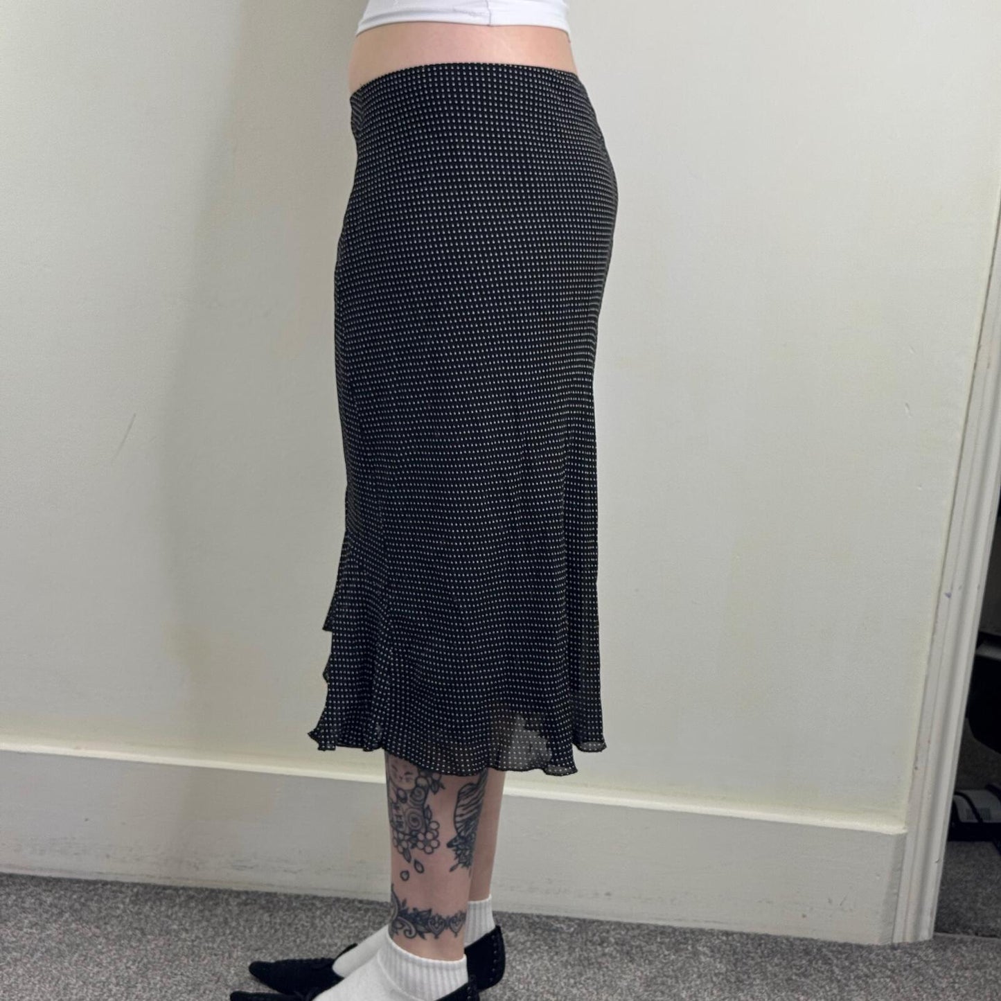 Y2K vintage midi skirt polka dot ruffle overlay floaty flowy summer black white