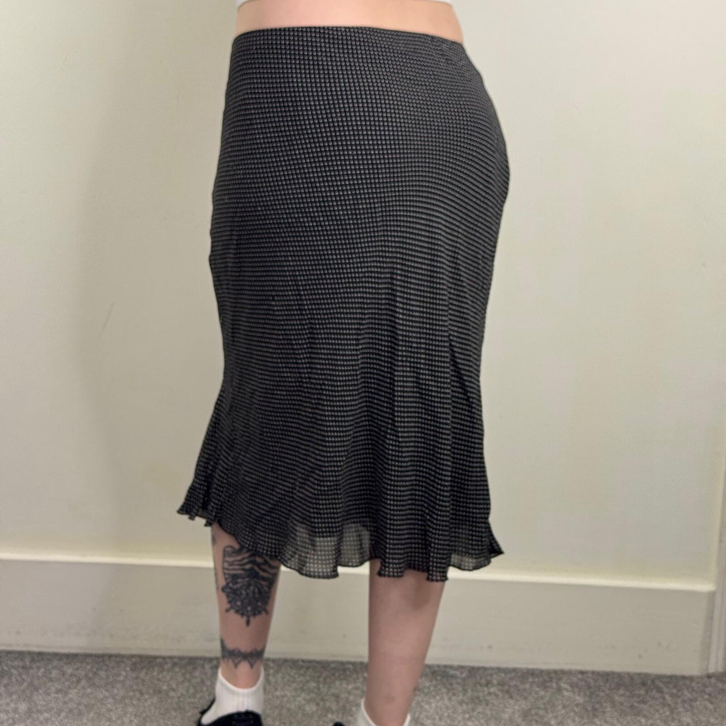 Y2K vintage midi skirt polka dot ruffle overlay floaty flowy summer black white