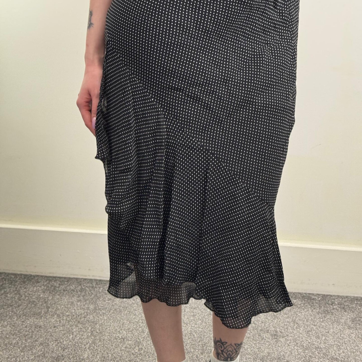 Y2K vintage midi skirt polka dot ruffle overlay floaty flowy summer black white