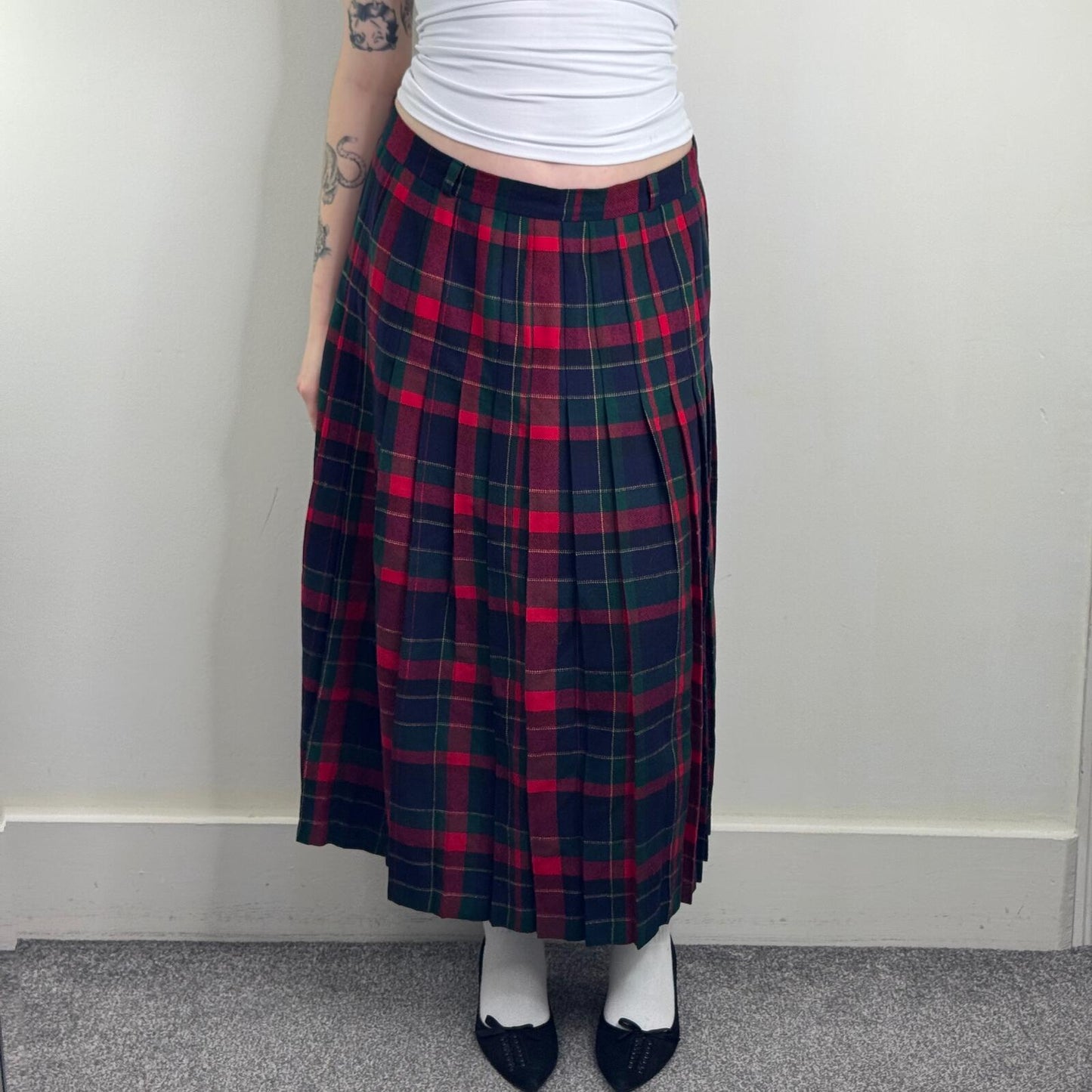 Y2K vintage wool maxi skirt tartan check print pleated blue red green