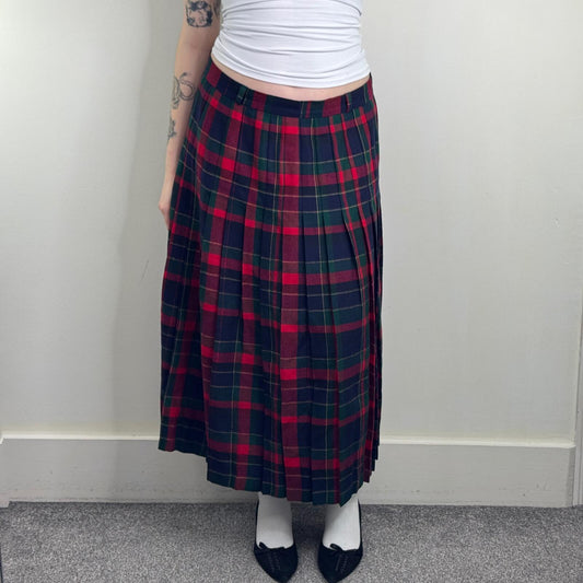 Y2K vintage wool maxi skirt tartan check print pleated blue red green
