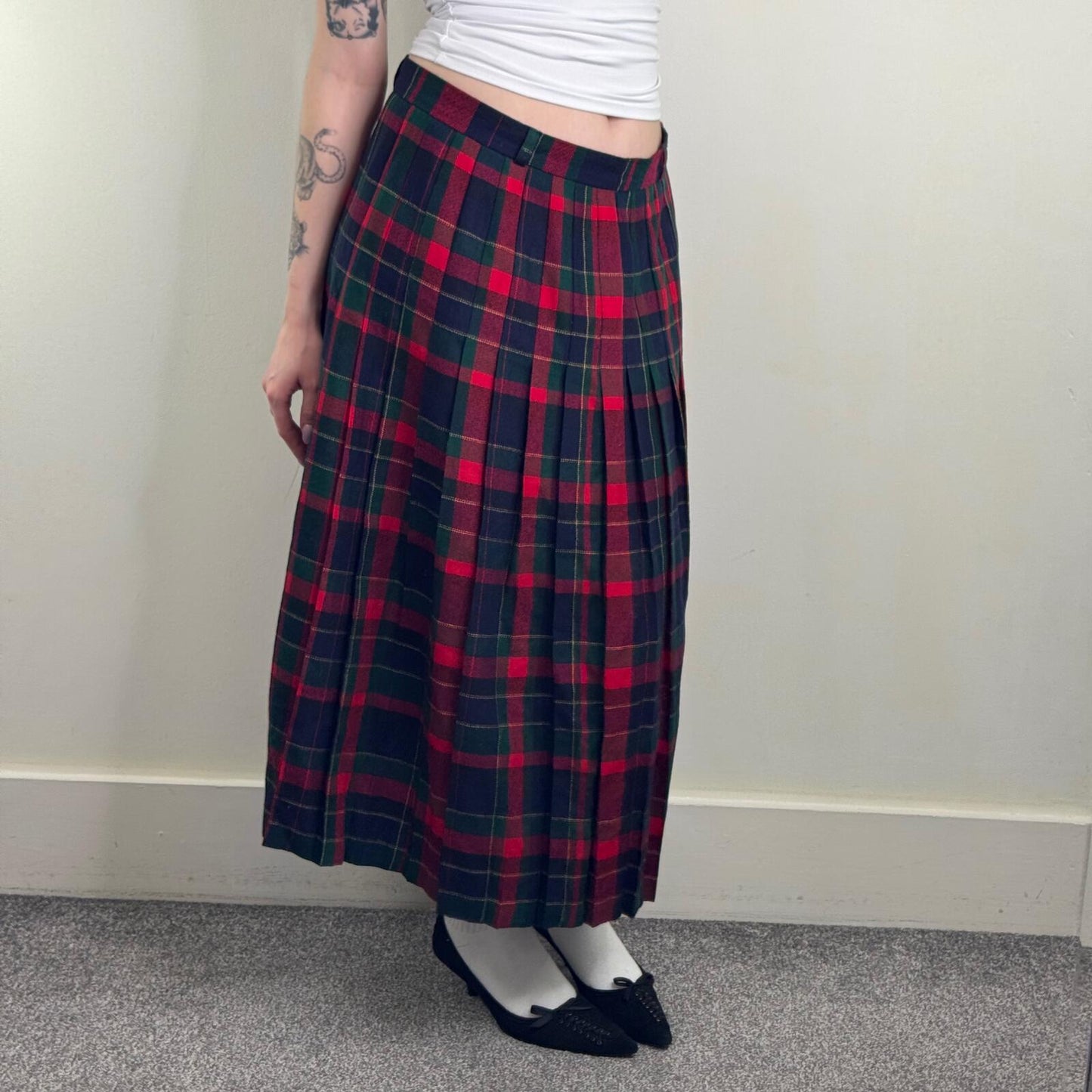 Y2K vintage wool maxi skirt tartan check print pleated blue red green