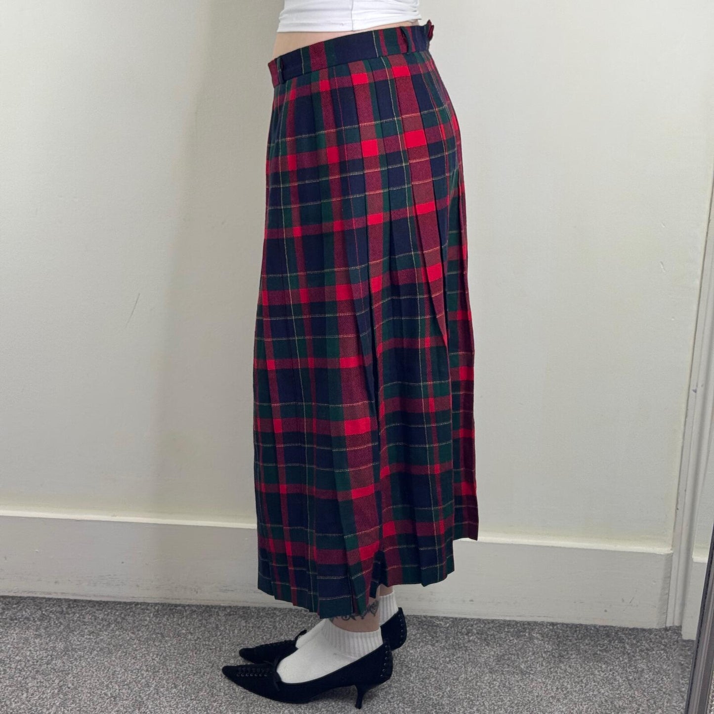 Y2K vintage wool maxi skirt tartan check print pleated blue red green