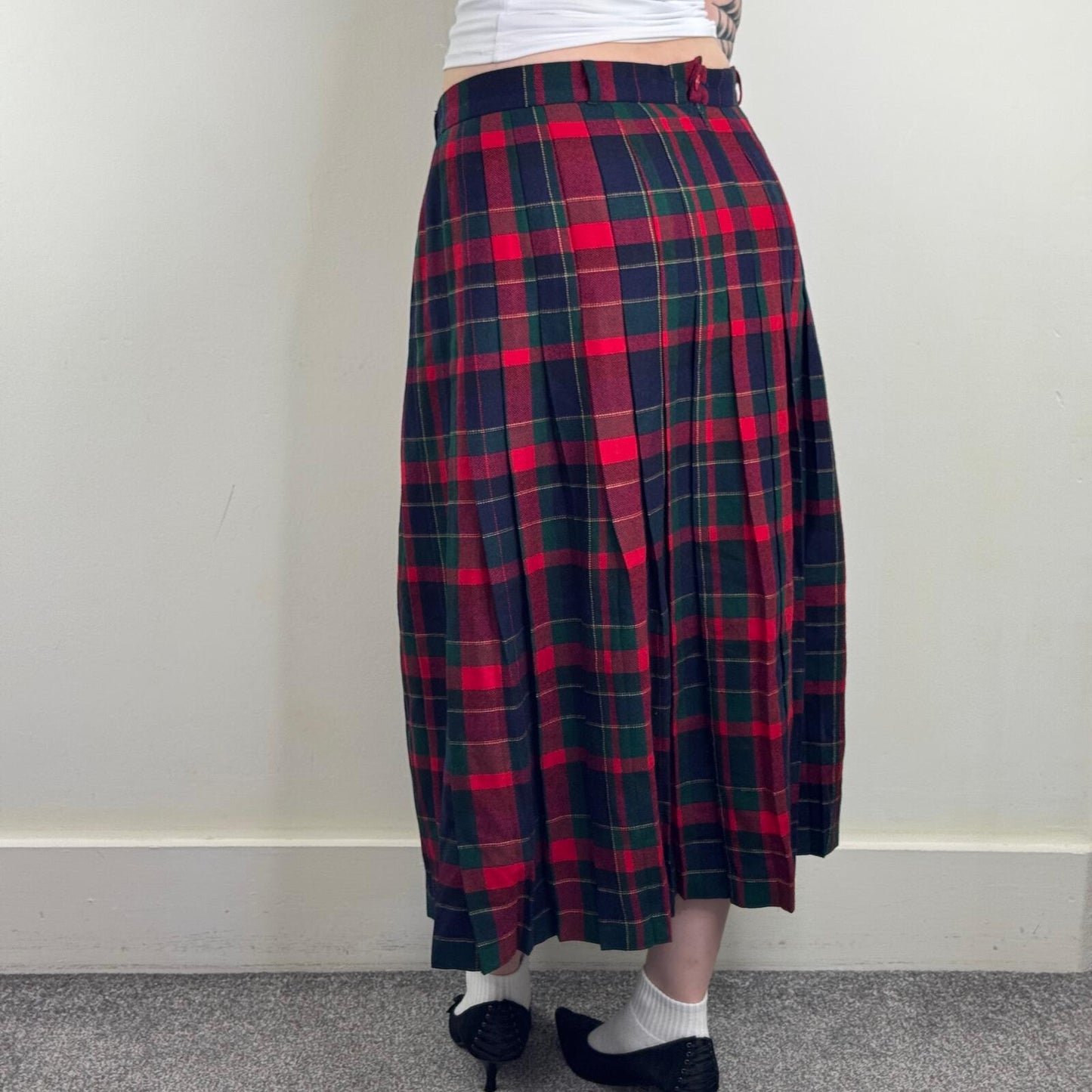 Y2K vintage wool maxi skirt tartan check print pleated blue red green
