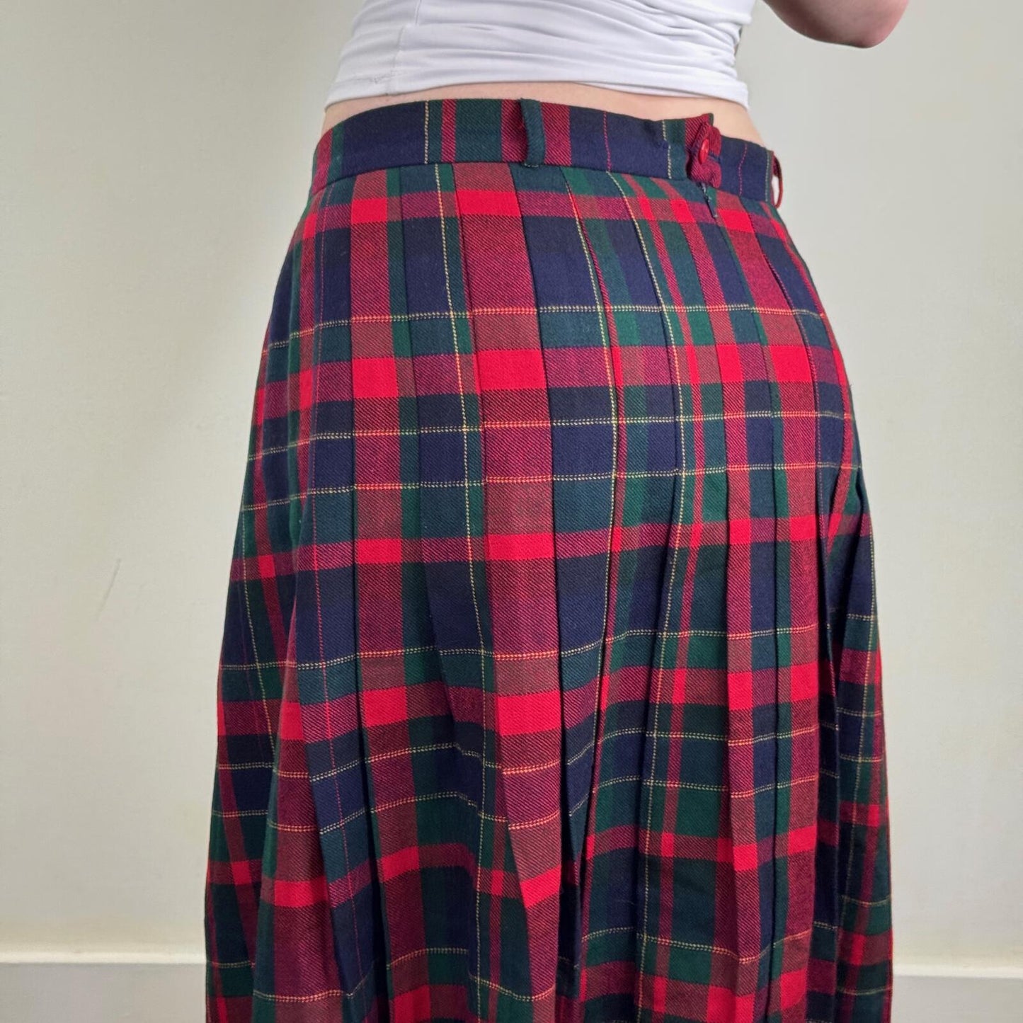 Y2K vintage wool maxi skirt tartan check print pleated blue red green