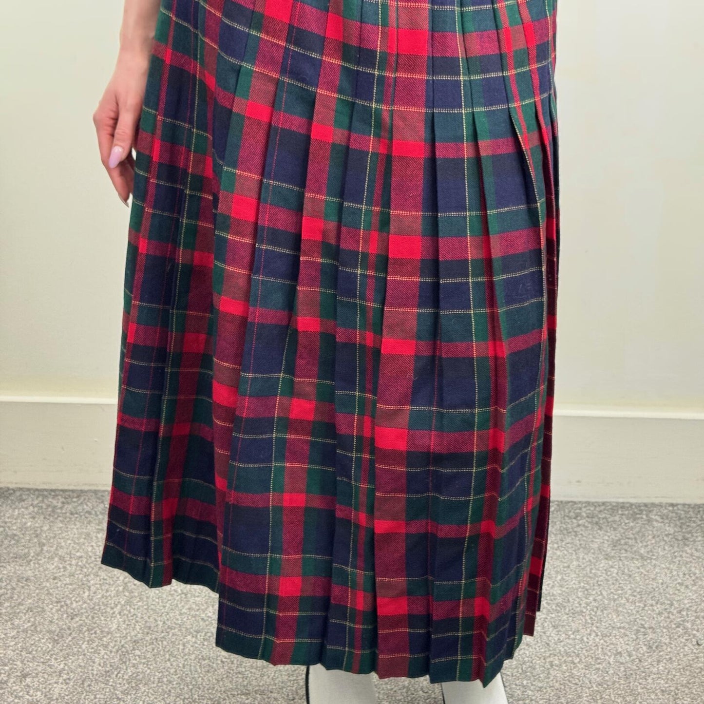 Y2K vintage wool maxi skirt tartan check print pleated blue red green