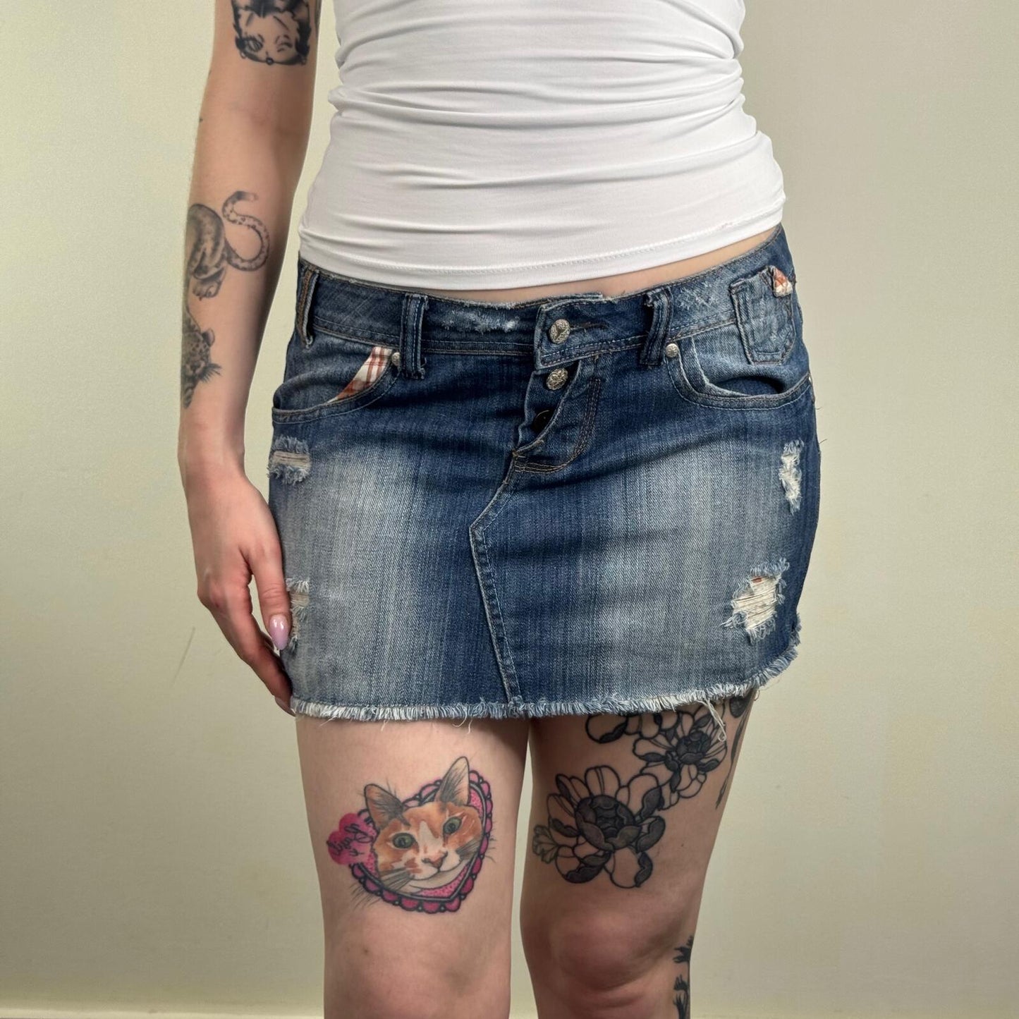 Y2K vintage mini skirt low rise distressed faded blue tartan check ripped