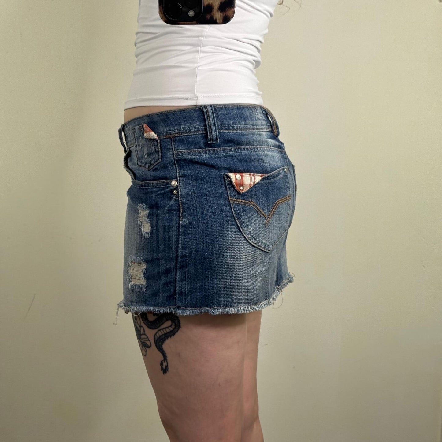 Y2K vintage mini skirt low rise distressed faded blue tartan check ripped