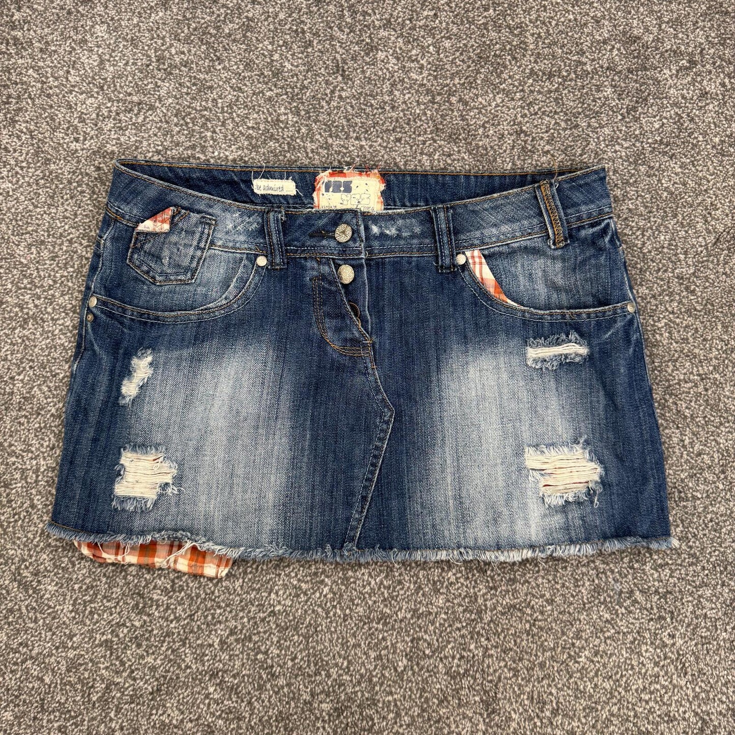 Y2K vintage mini skirt low rise distressed faded blue tartan check ripped