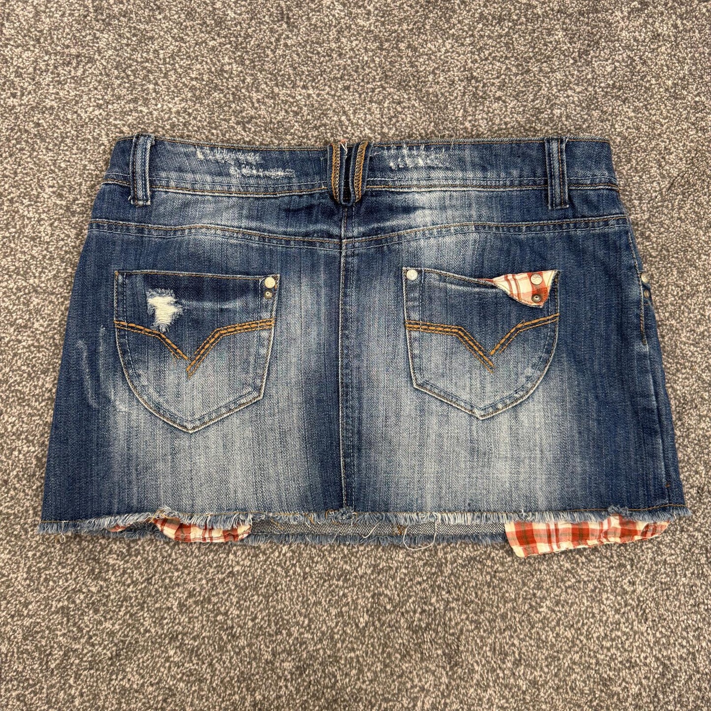 Y2K vintage mini skirt low rise distressed faded blue tartan check ripped