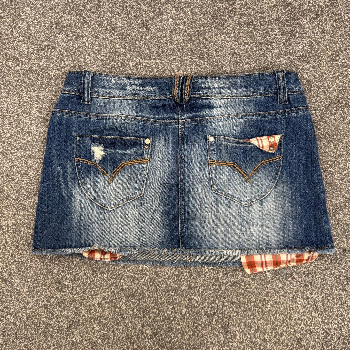Y2K vintage mini skirt low rise distressed faded blue tartan check ripped