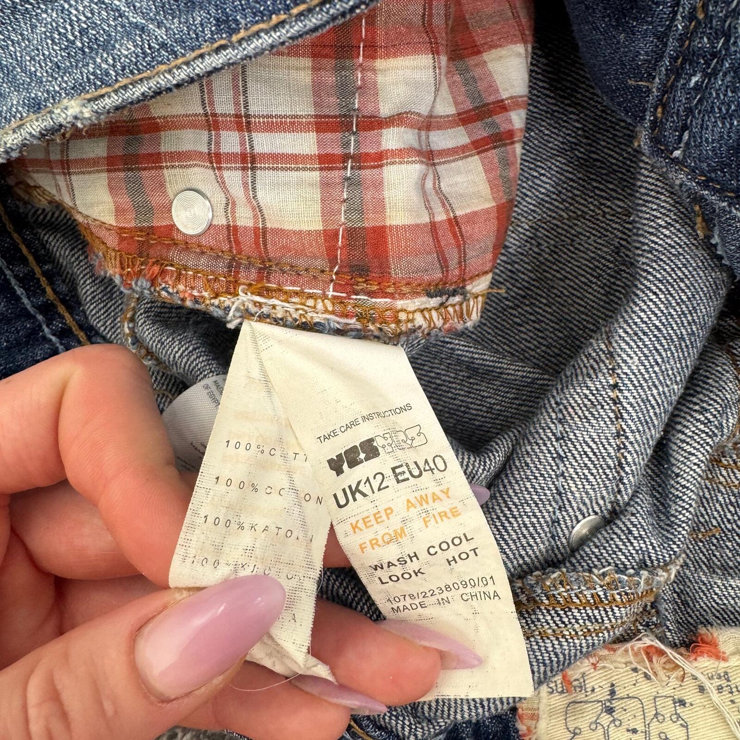 Y2K vintage mini skirt low rise distressed faded blue tartan check ripped