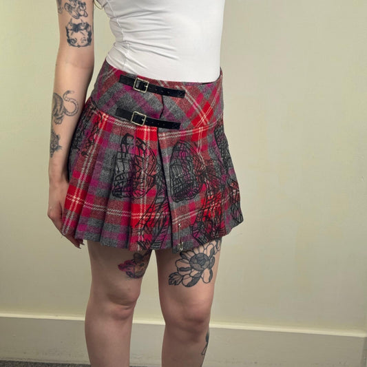 100% wool tartan mini skirt pleated bow buckle plaid red grey purple