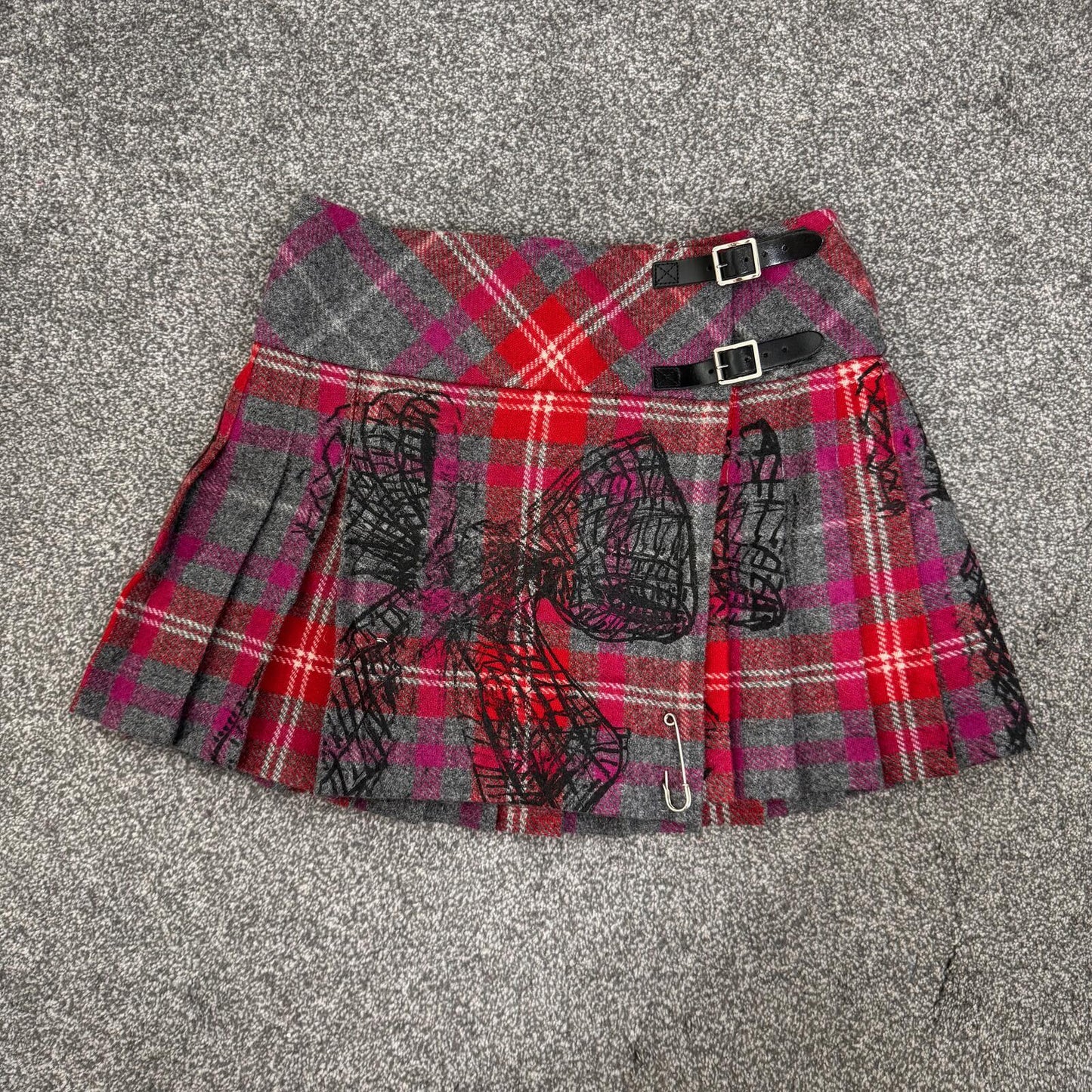 100% wool tartan mini skirt pleated bow buckle plaid red grey purple