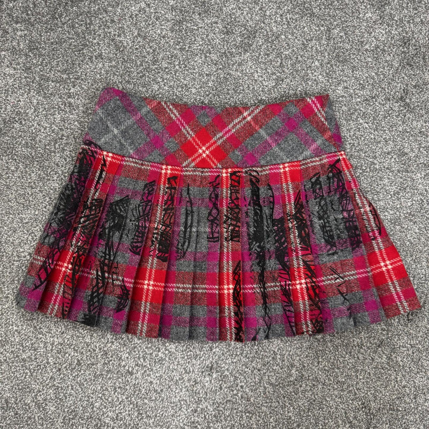 100% wool tartan mini skirt pleated bow buckle plaid red grey purple