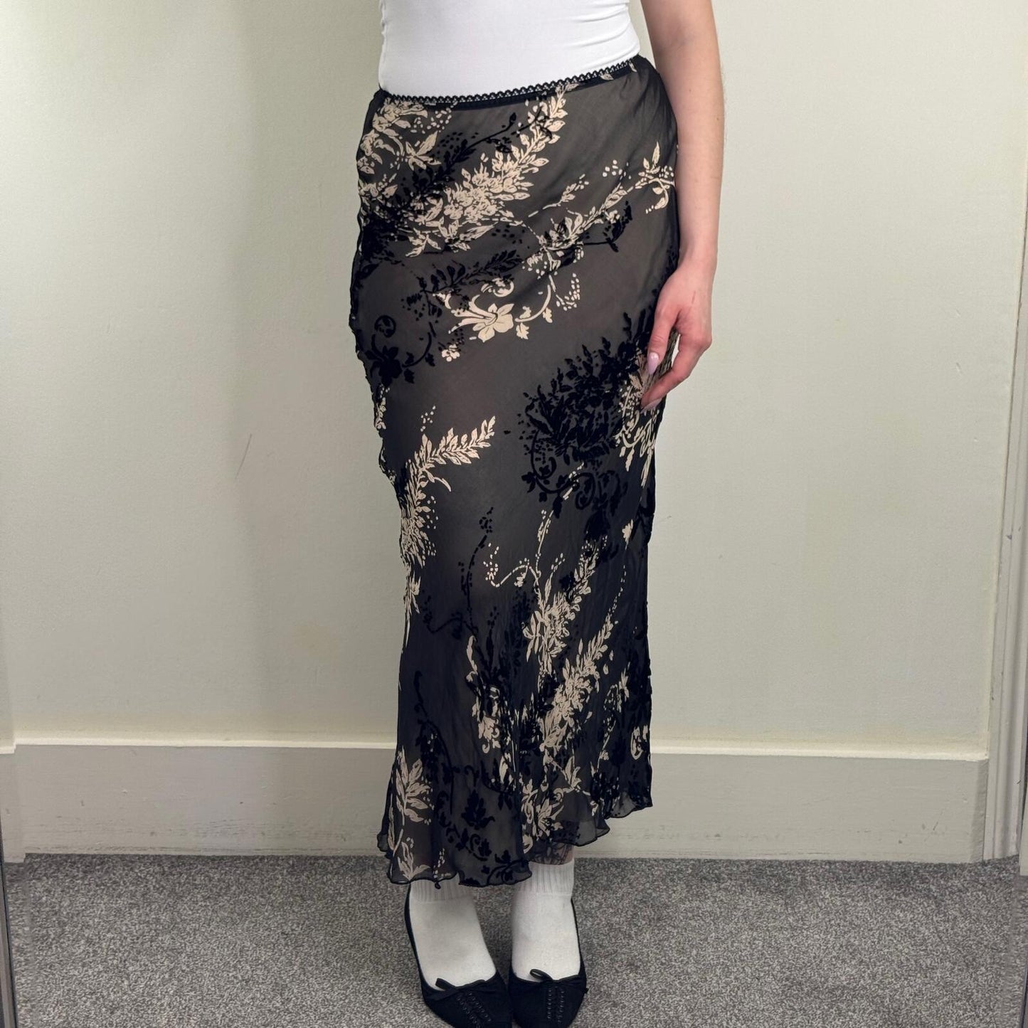 Y2K vintage silk blend maxi skirt double layer velvet floral lightweight a line