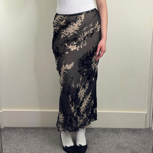 Y2K vintage silk blend maxi skirt double layer velvet floral lightweight a line