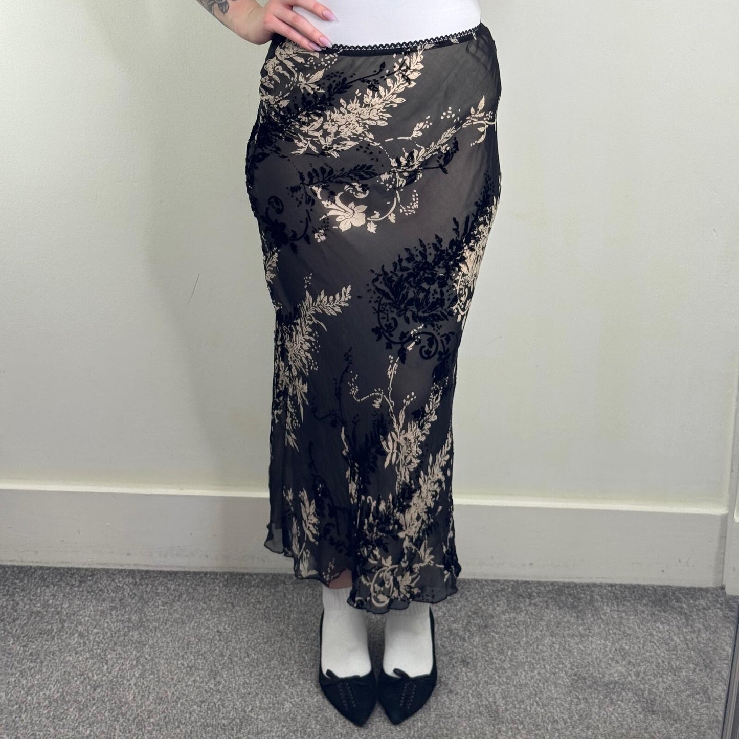 Y2K vintage silk blend maxi skirt double layer velvet floral lightweight a line