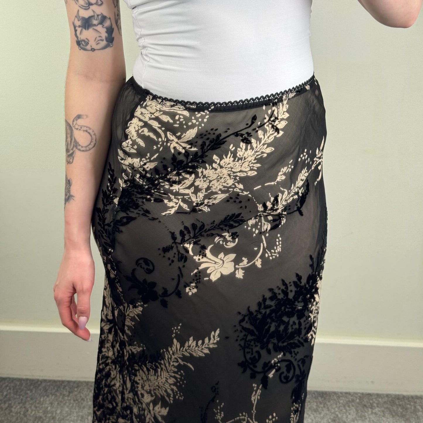Y2K vintage silk blend maxi skirt double layer velvet floral lightweight a line