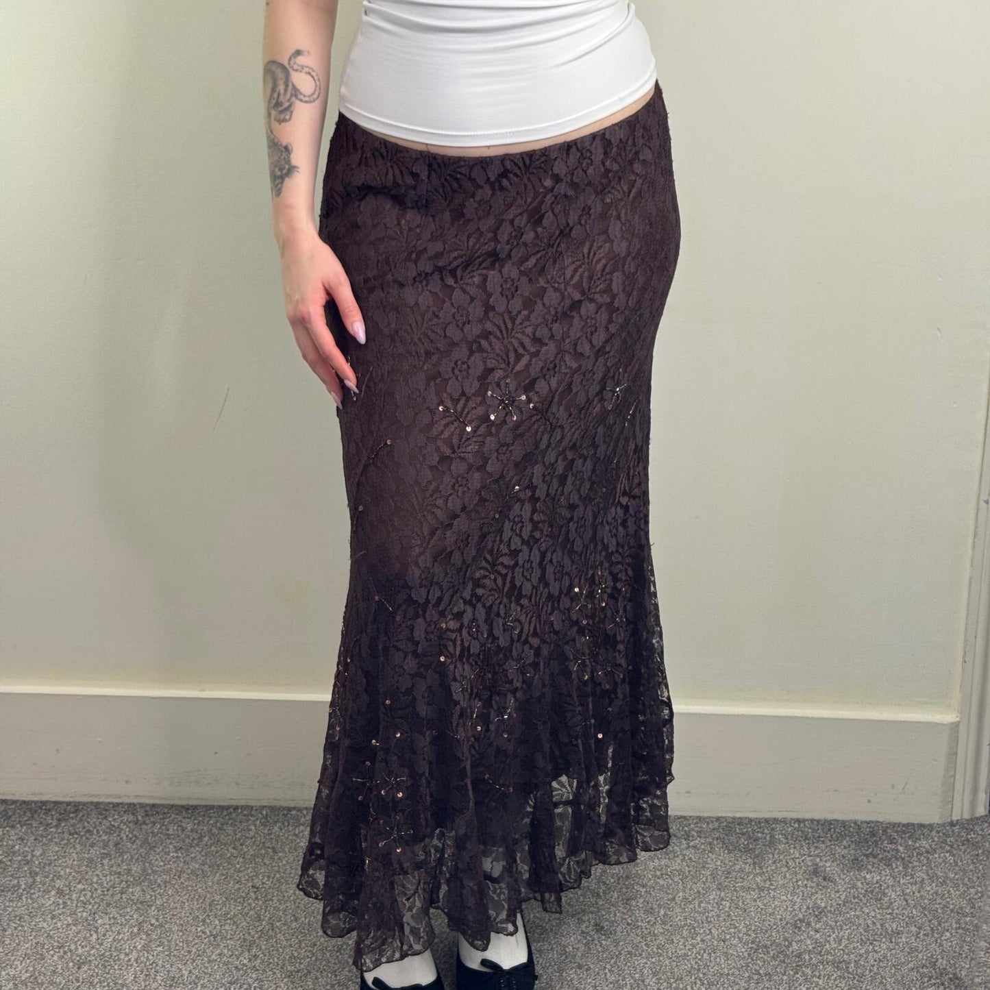 Y2K vintage lace maxi skirt overlay a line stretchy beaded sequin embellished