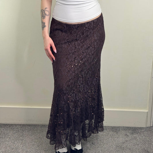 Y2K vintage lace maxi skirt overlay a line stretchy beaded sequin embellished