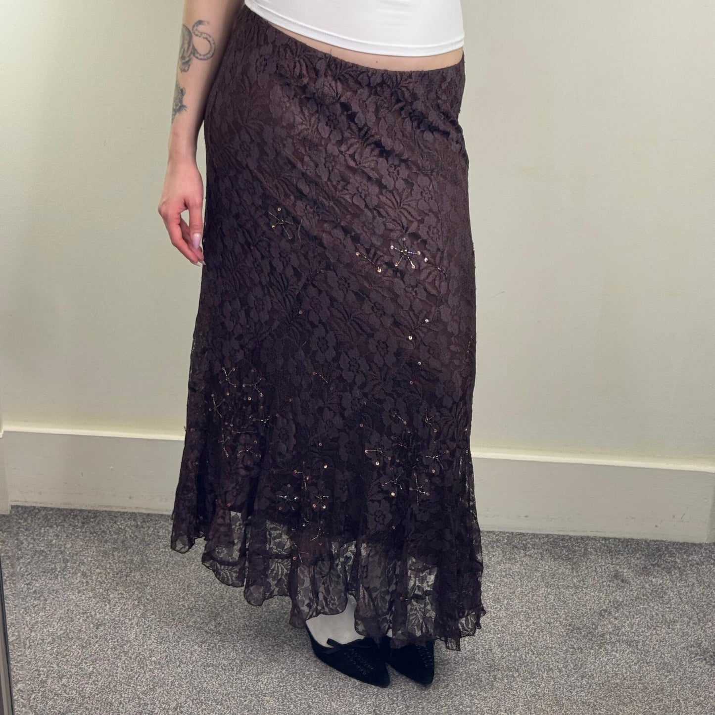 Y2K vintage lace maxi skirt overlay a line stretchy beaded sequin embellished