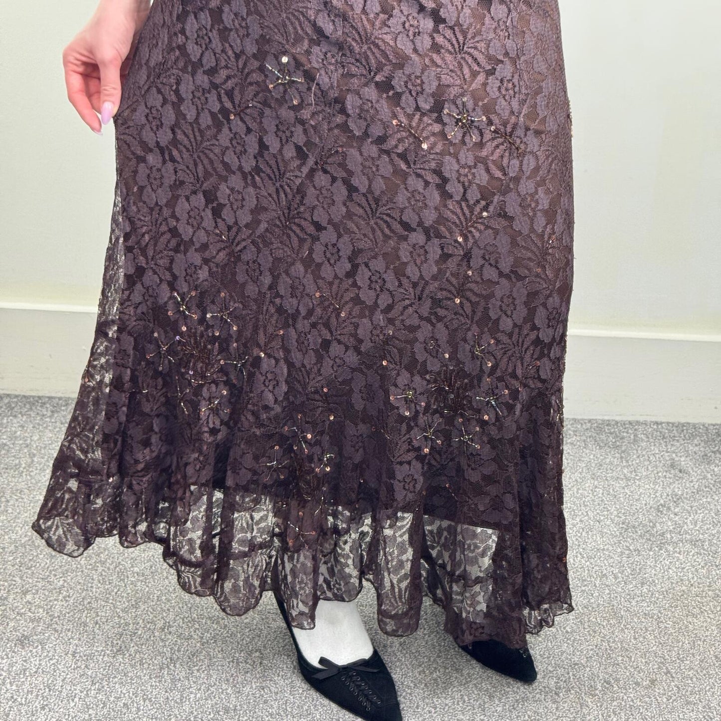 Y2K vintage lace maxi skirt overlay a line stretchy beaded sequin embellished