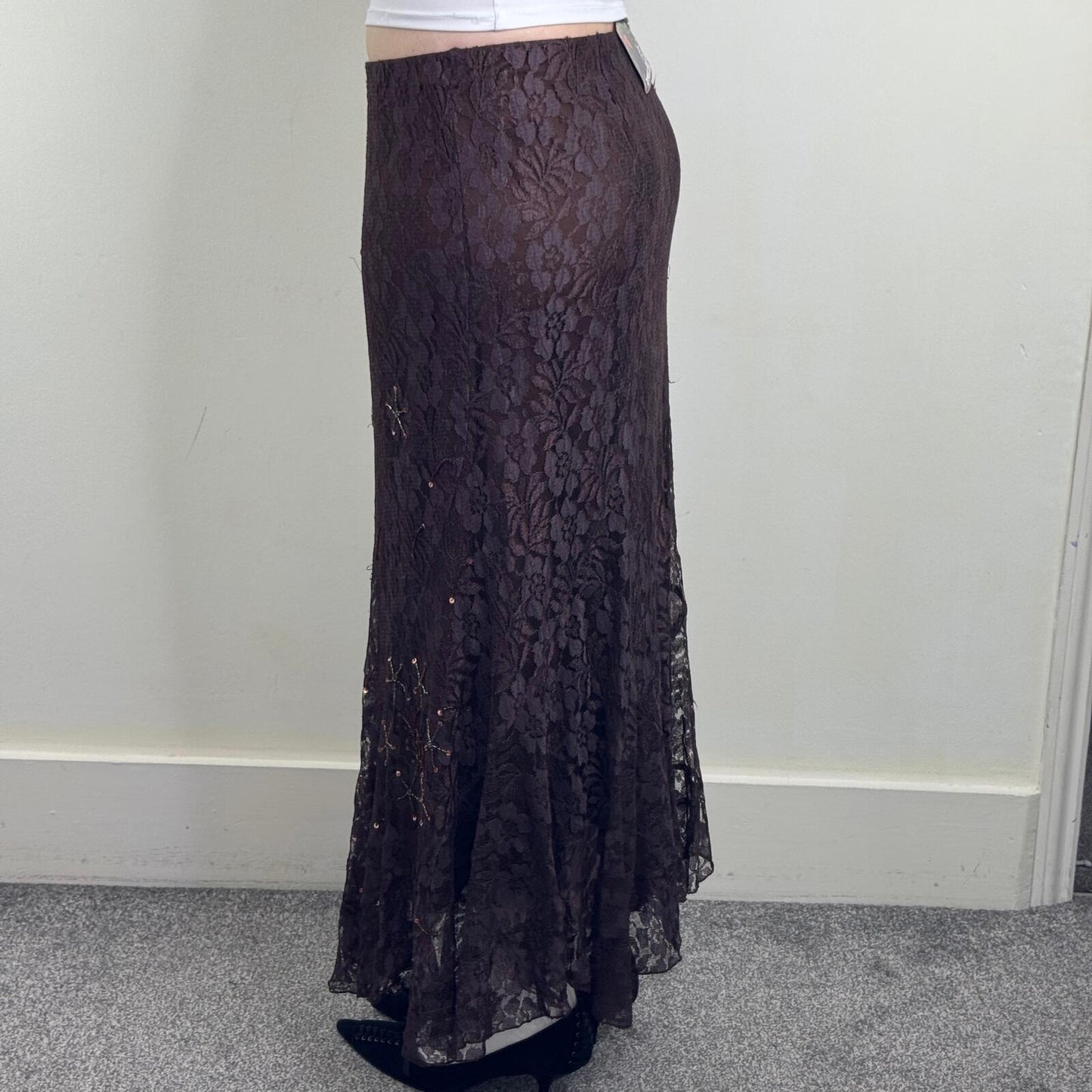 Y2K vintage lace maxi skirt overlay a line stretchy beaded sequin embellished