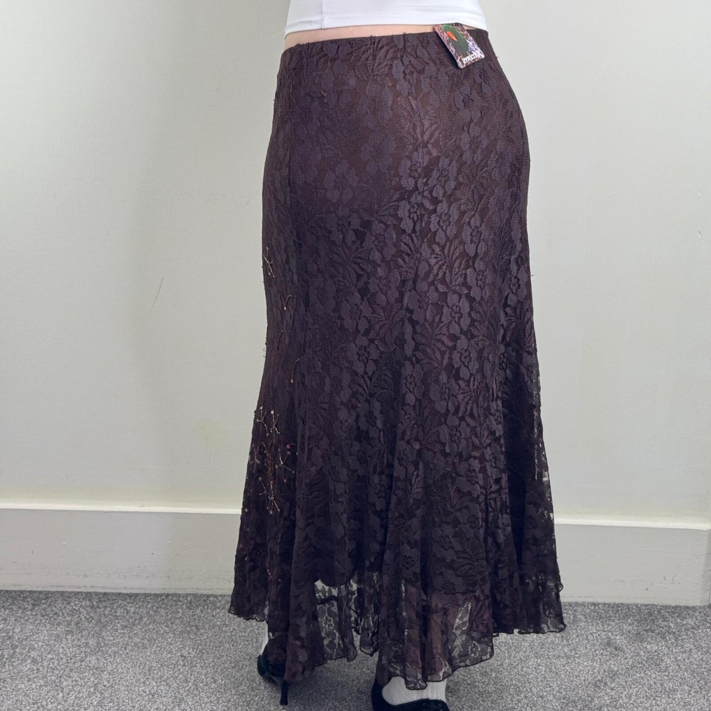 Y2K vintage lace maxi skirt overlay a line stretchy beaded sequin embellished
