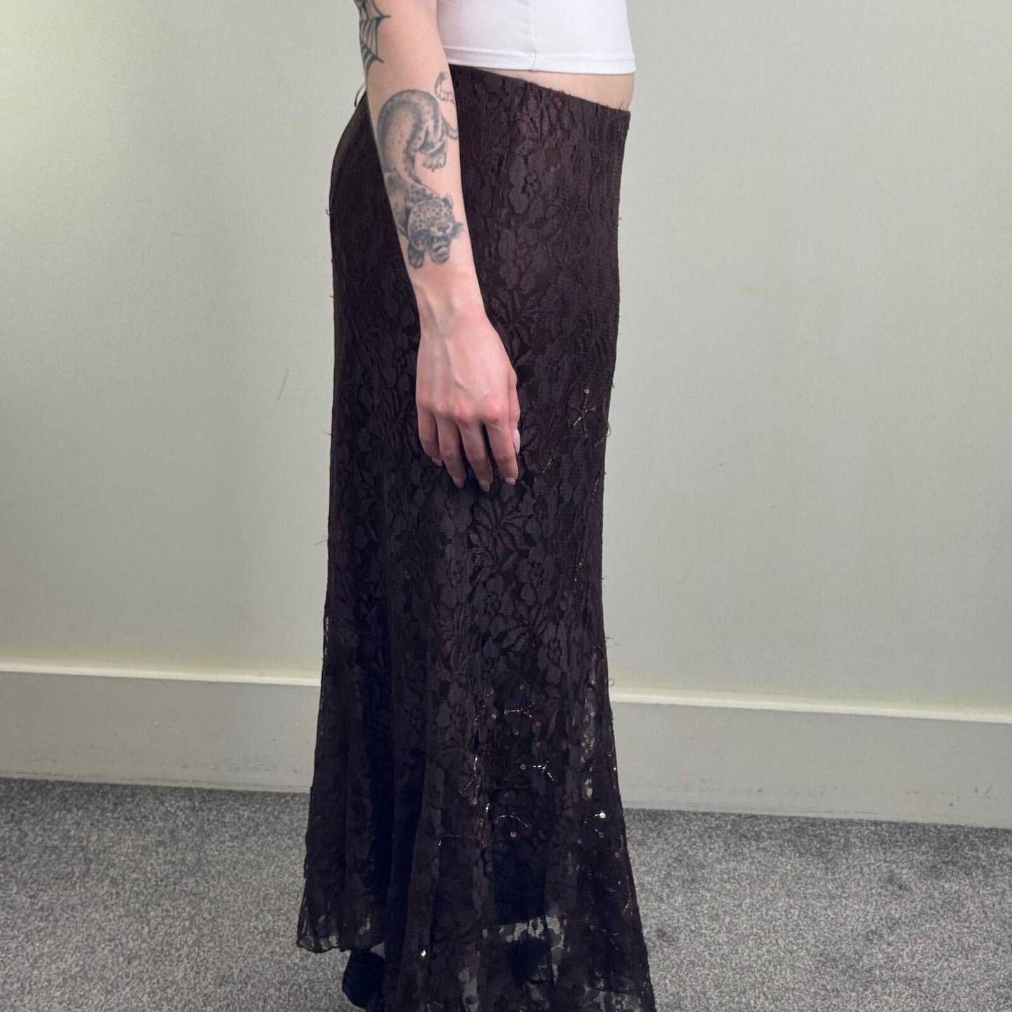 Y2K vintage lace maxi skirt overlay a line stretchy beaded sequin embellished