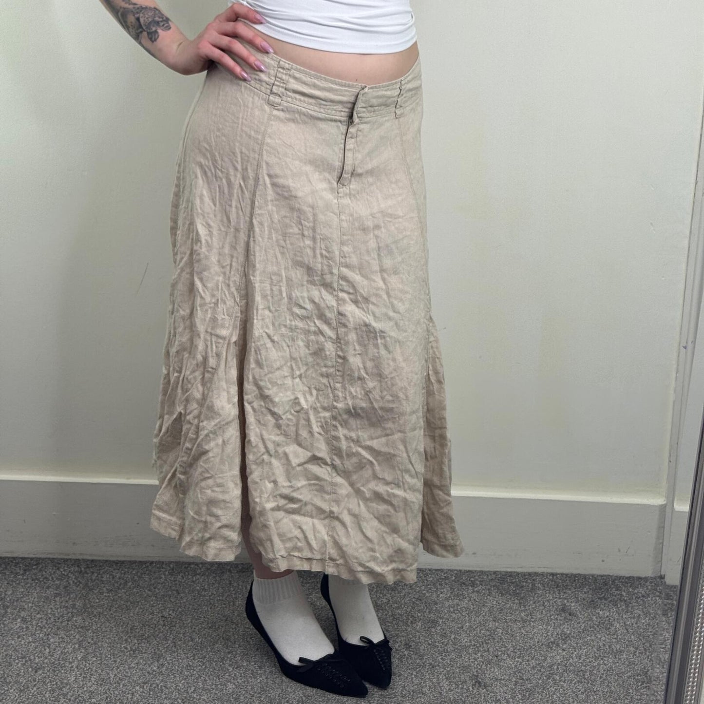 Y2K vintage 100% linen maxi skirt a line long summer full length beige