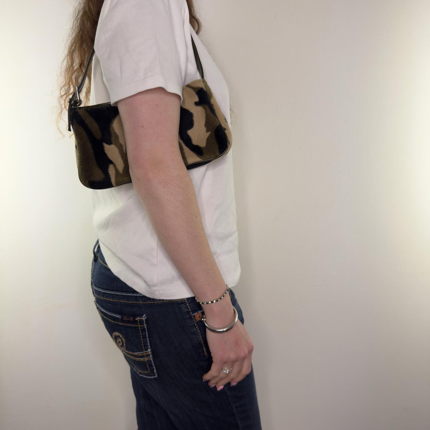 Y2K vintage shoulder bag camo fluffy print faux leather small size zip closure
