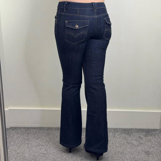 Y2K vintage bootcut denim jeans low rise dark blue wash stretchy cargo pockets