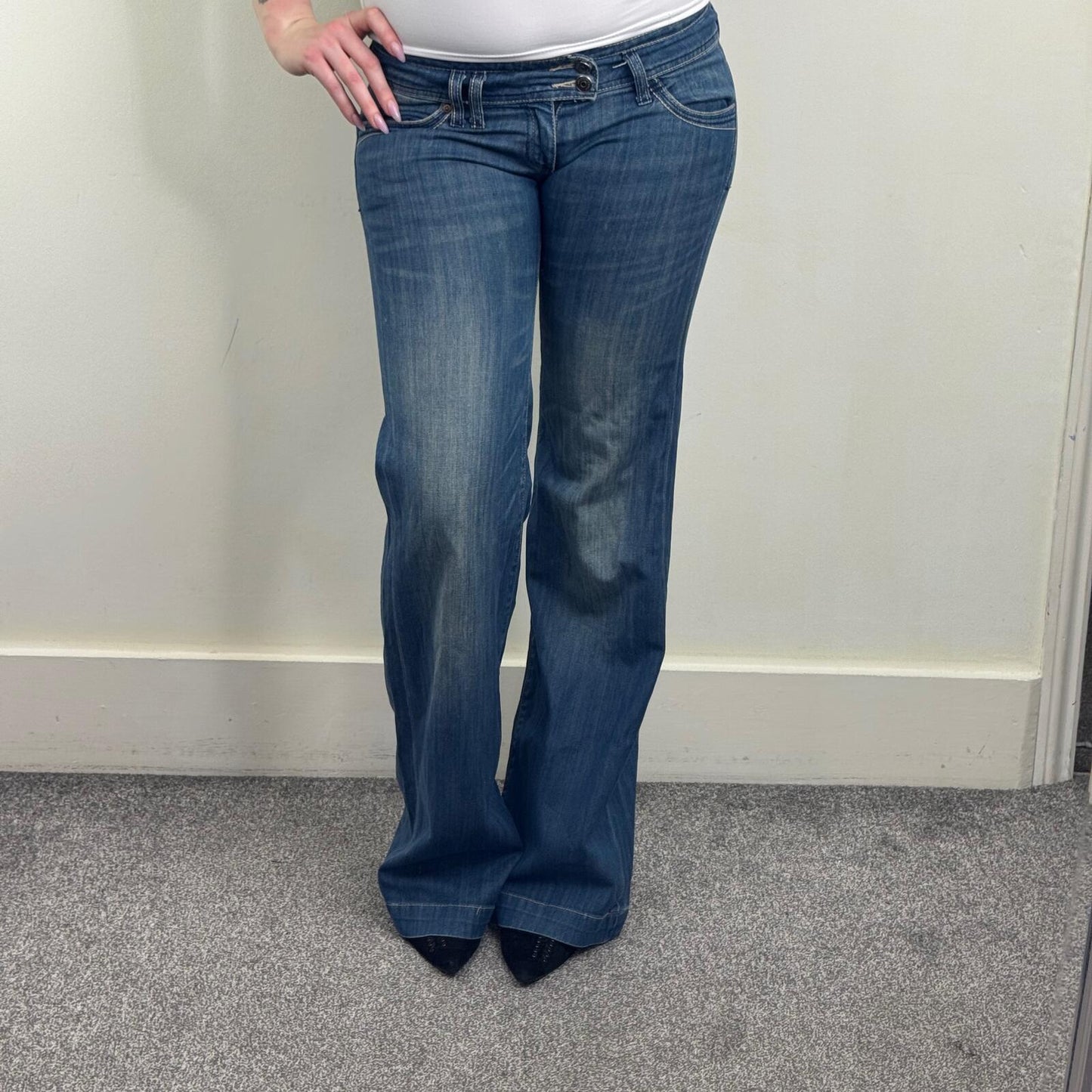 Y2K vintage bootcut denim jeans low rise stretchy light blue faded wash