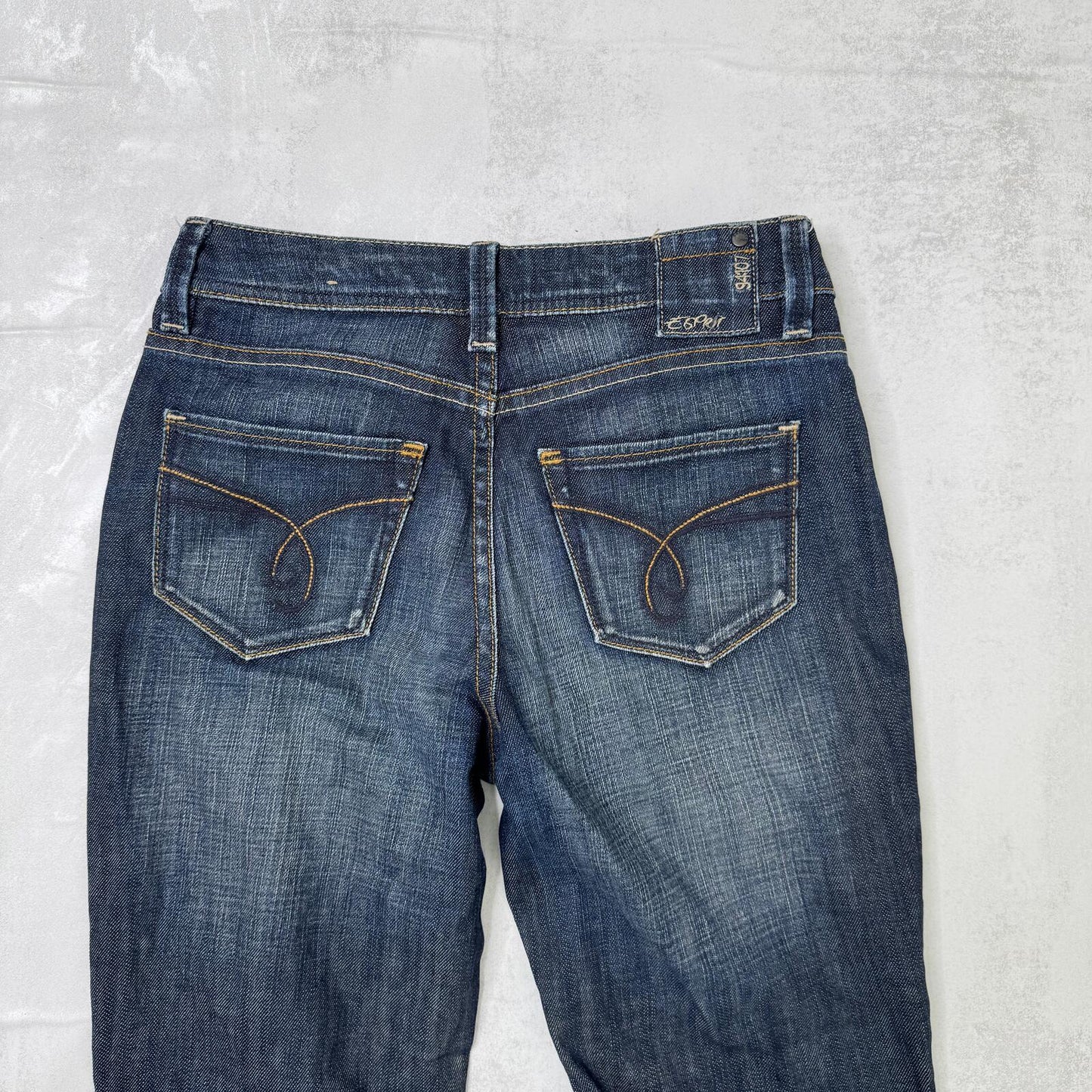 Y2K vintage bootcut denim jeans dark blue wash faded stretch mid rise