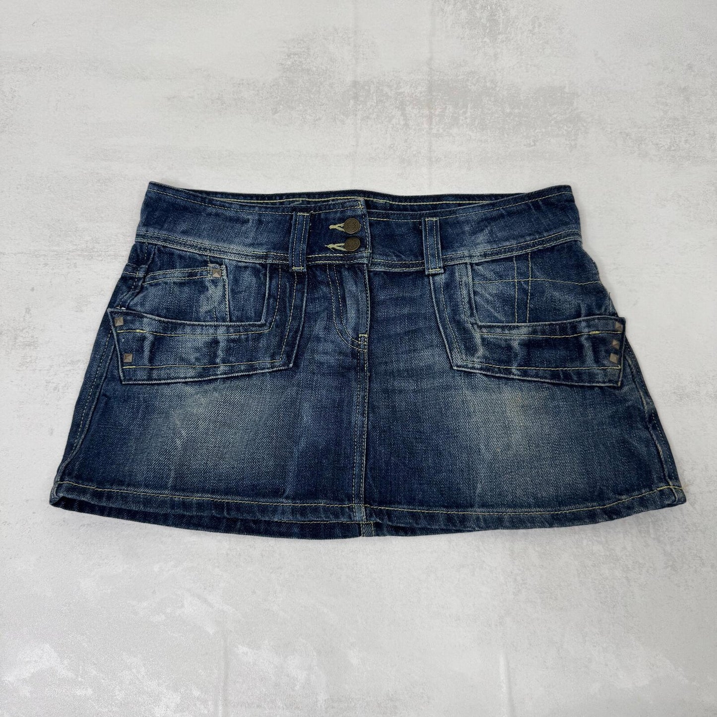 Y2K vintage mini skirt low rise denim studded dark blue denim wash