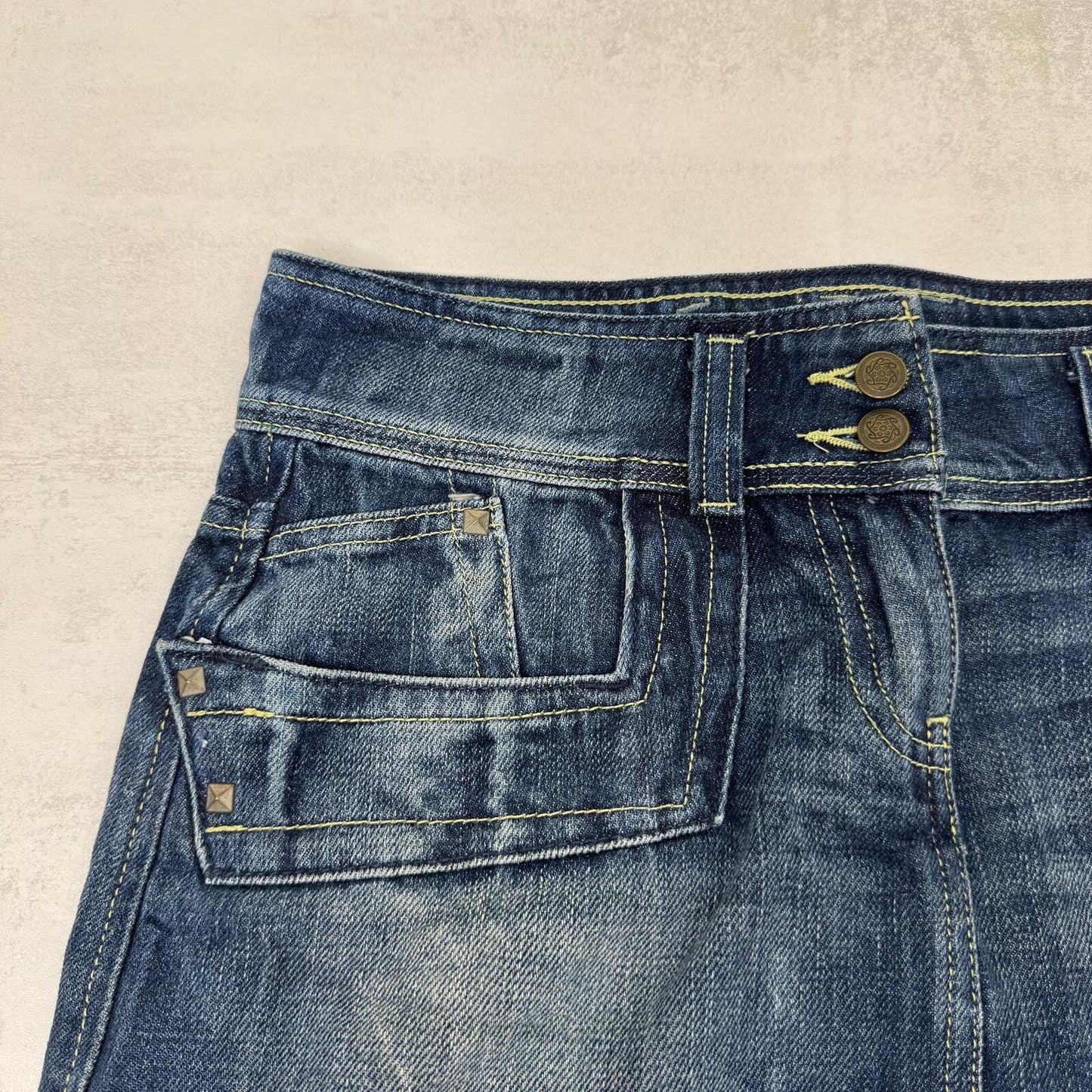 Y2K vintage mini skirt low rise denim studded dark blue denim wash