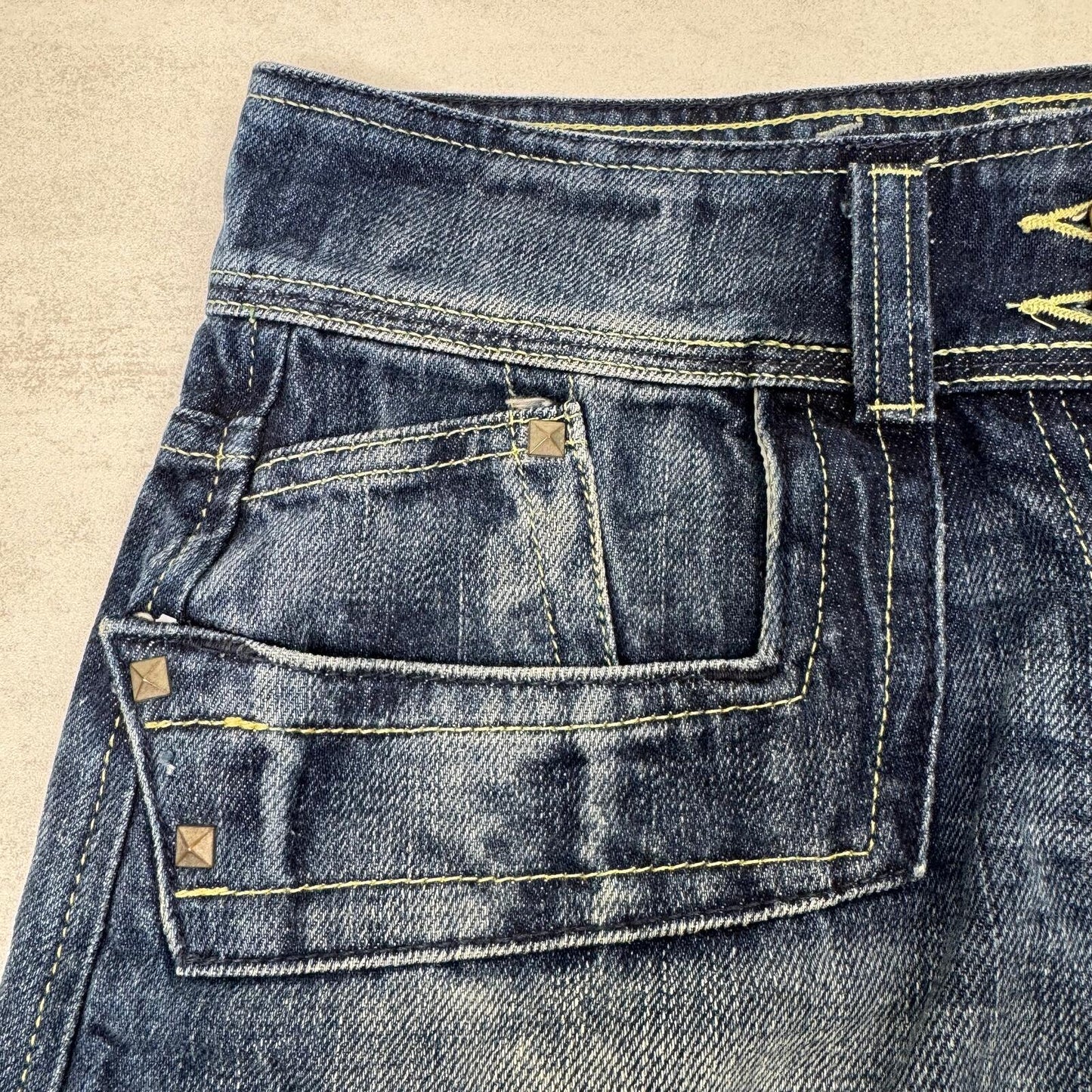 Y2K vintage mini skirt low rise denim studded dark blue denim wash