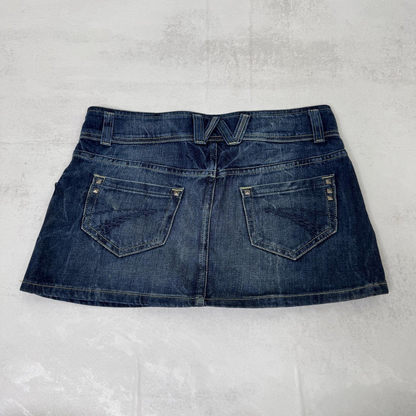 Y2K vintage mini skirt low rise denim studded dark blue denim wash