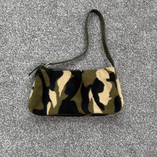 Y2K vintage shoulder bag camo fluffy print faux leather small size zip closure