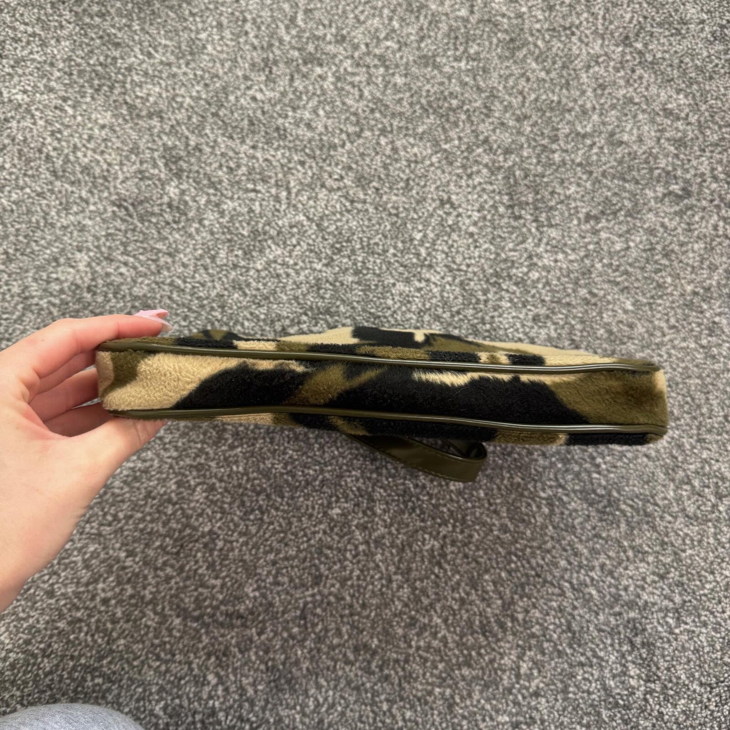 Y2K vintage shoulder bag camo fluffy print faux leather small size zip closure